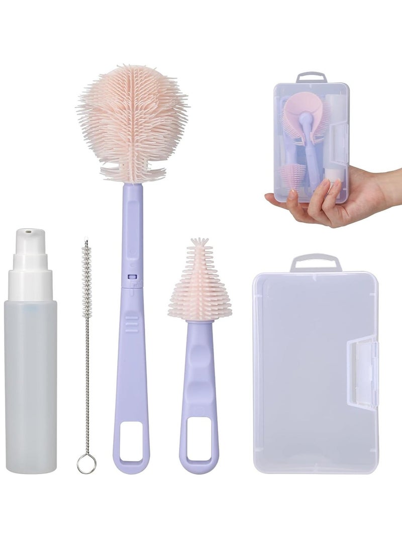 Baby Bottle Brush Portable Travel Bottle Cleaner Kit Silicone Baby Bottle Cleaner Brush Set with Baby Bottle Brush for Cleaning Nipple Brush Straw Cleaner Bottle Soap Dispenser Purple