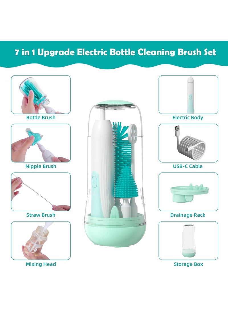 Electric Travel Baby Bottle Brush Set with UV Sterilization 7 in 1 Bottle Brush Cleaner Silicone Bottle Nipple Straw Brush Stirring Disperser Drainage Rack Storage Box IPX7 Waterproof Green