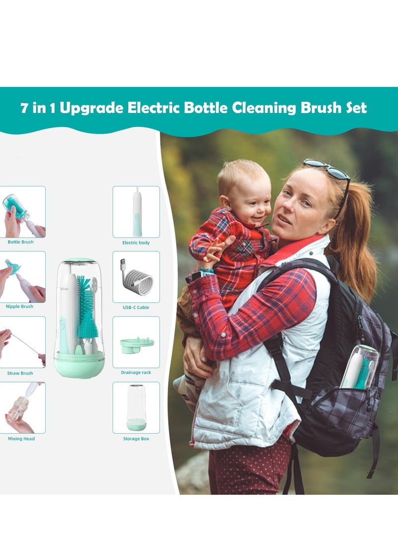 Electric Travel Baby Bottle Brush Set with UV Sterilization 7 in 1 Bottle Brush Cleaner Silicone Bottle Nipple Straw Brush Stirring Disperser Drainage Rack Storage Box IPX7 Waterproof Green