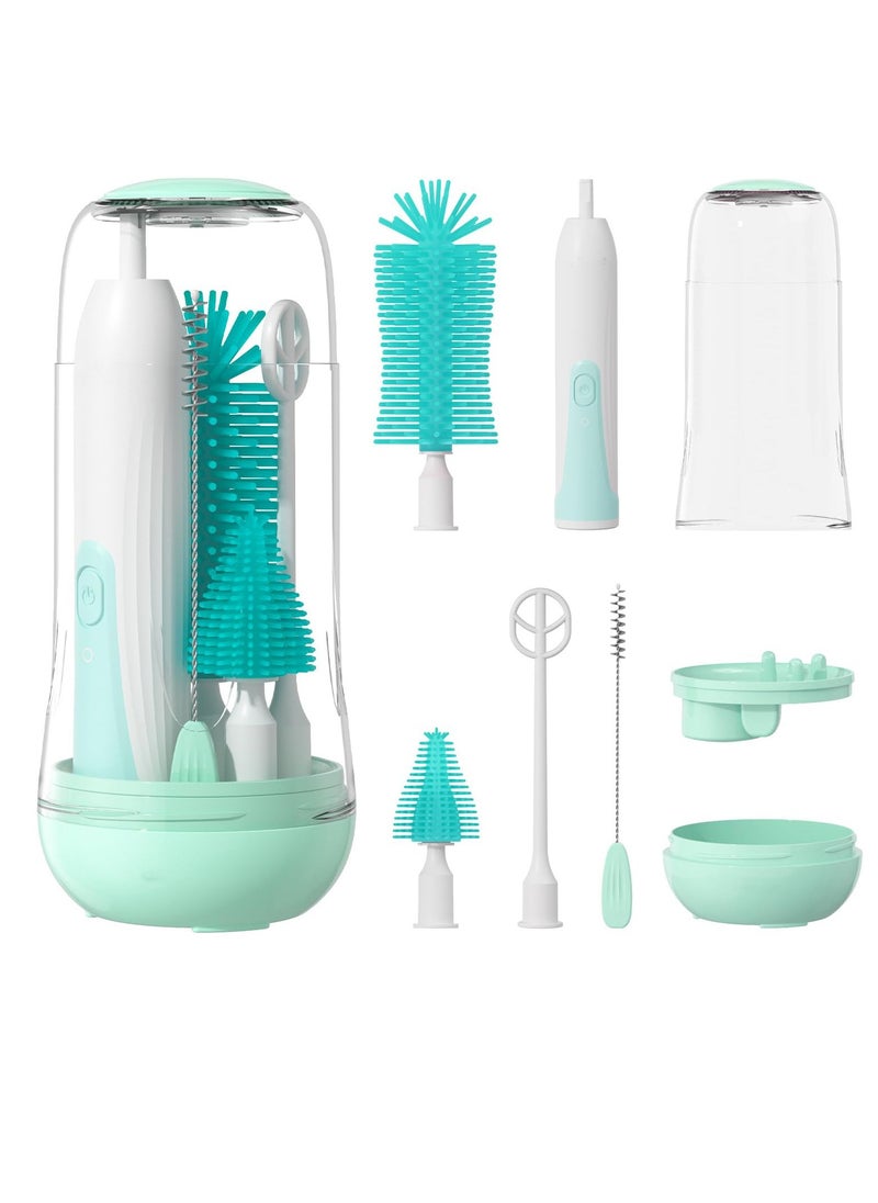 Electric Travel Baby Bottle Brush Set with UV Sterilization 7 in 1 Bottle Brush Cleaner Silicone Bottle Nipple Straw Brush Stirring Disperser Drainage Rack Storage Box IPX7 Waterproof Green