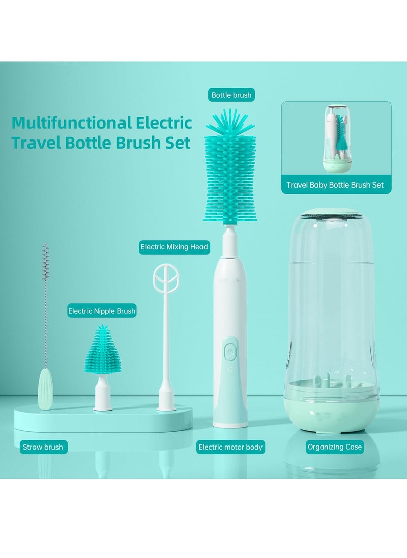 Electric Travel Baby Bottle Brush Set with UV Sterilization 7 in 1 Bottle Brush Cleaner Silicone Bottle Nipple Straw Brush Stirring Disperser Drainage Rack Storage Box IPX7 Waterproof Green