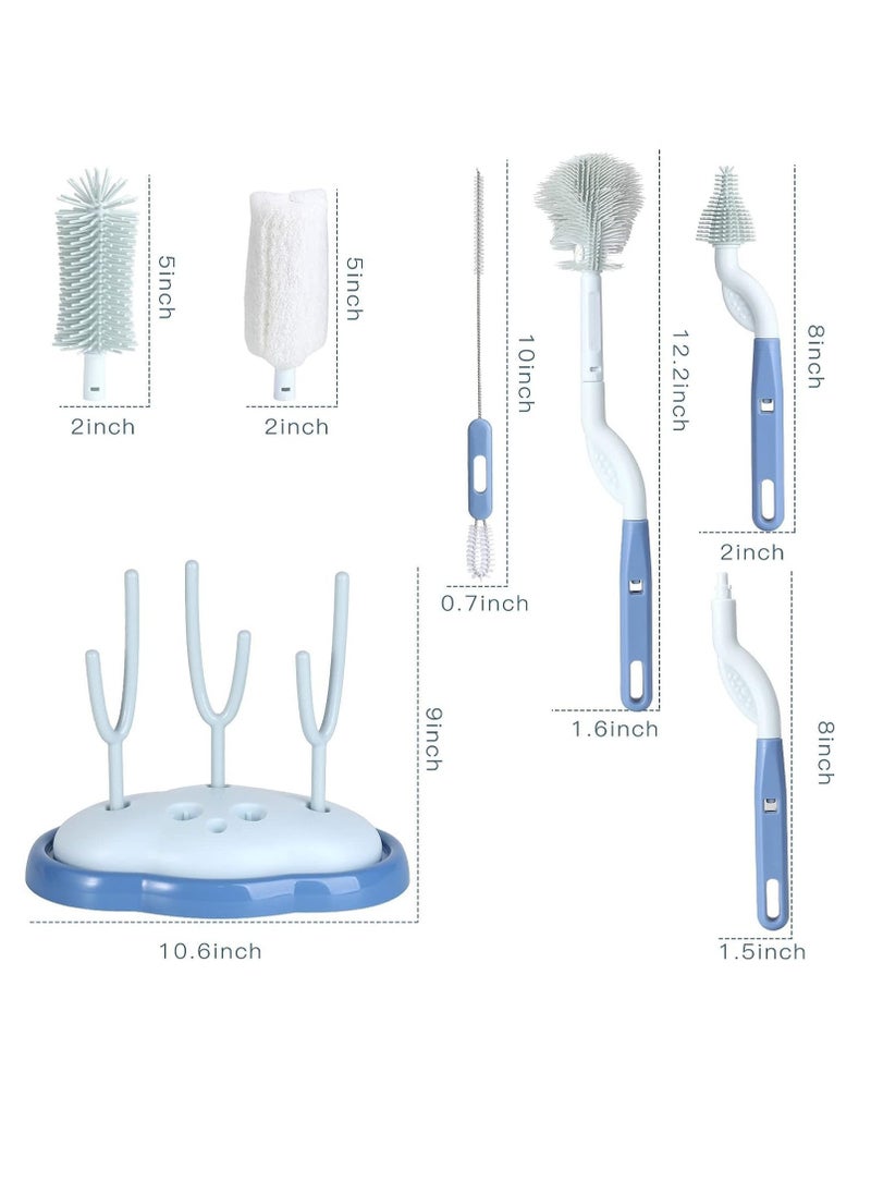 Baby Bottle Brush and Drying Rack Rotating Silicone Bottle Brush with Long Handle Bottle Drying Rack with Bottle Cleaner Brush Nipple Straw Cleaner Blue Rotating Brush Drying Rack