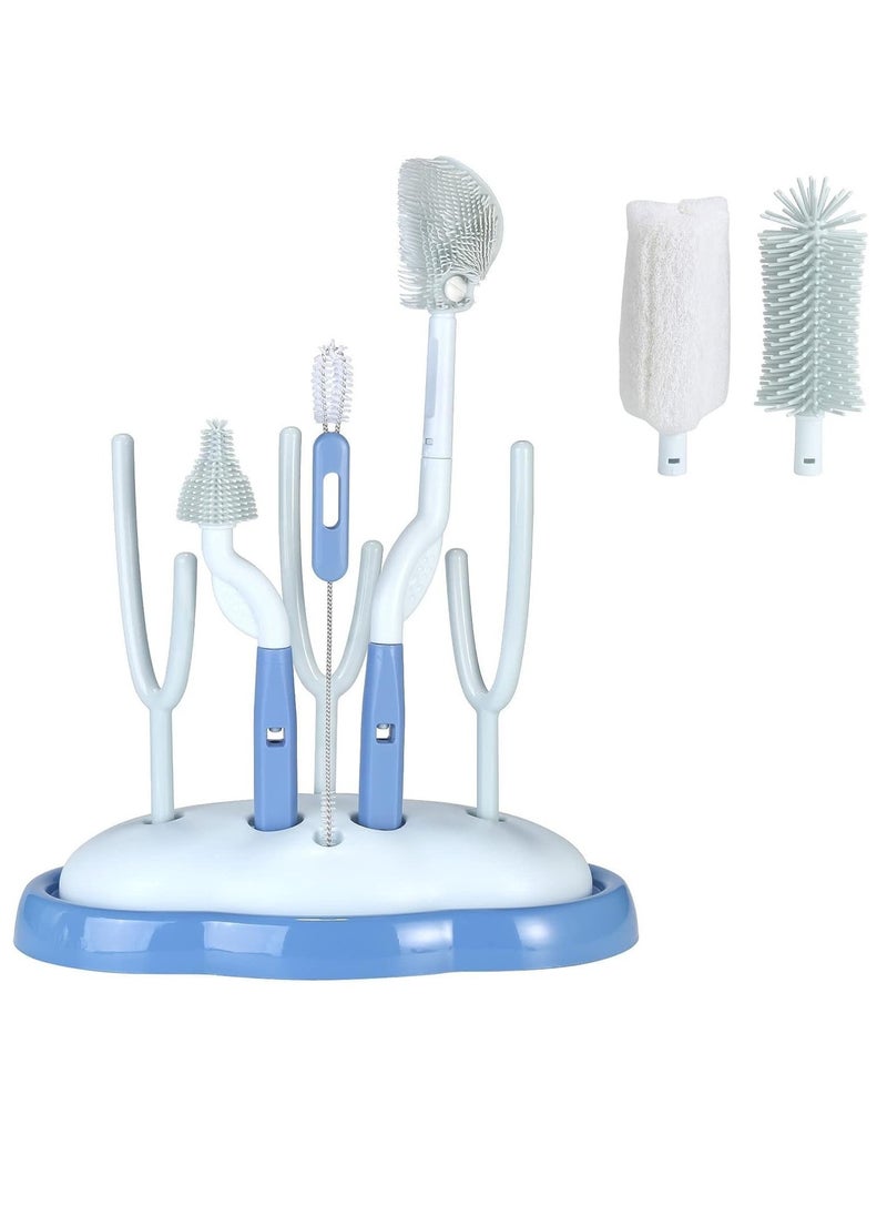 Baby Bottle Brush and Drying Rack Rotating Silicone Bottle Brush with Long Handle Bottle Drying Rack with Bottle Cleaner Brush Nipple Straw Cleaner Blue Rotating Brush Drying Rack