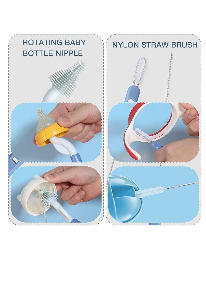 Baby Bottle Brush and Drying Rack Rotating Silicone Bottle Brush with Long Handle Bottle Drying Rack with Bottle Cleaner Brush Nipple Straw Cleaner Blue Rotating Brush Drying Rack