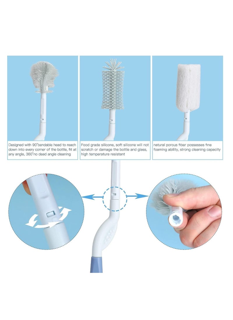 Baby Bottle Brush and Drying Rack Rotating Silicone Bottle Brush with Long Handle Bottle Drying Rack with Bottle Cleaner Brush Nipple Straw Cleaner Blue Rotating Brush Drying Rack