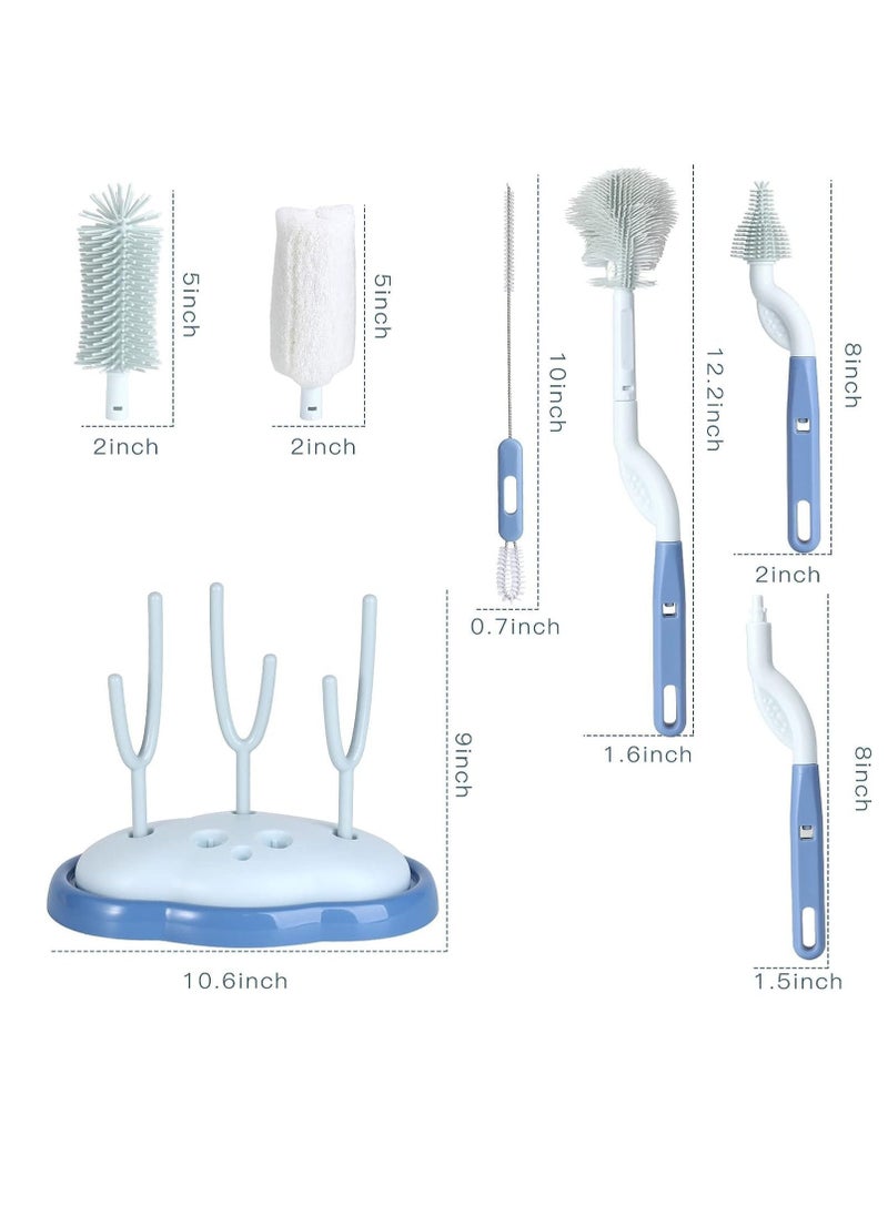 Baby Bottle Brush and Drying Rack Rotating Silicone Bottle Brush with Long Handle Bottle Drying Rack with Bottle Cleaner Brush Nipple Straw Cleaner Blue Rotating Brush Drying Rack