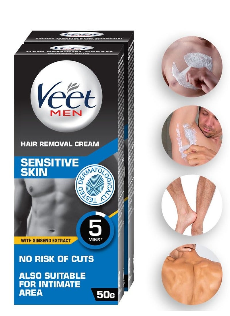 Veet Hair Removal Cream for Men, Sensitive Skin, 50g Each (Pack of 2)