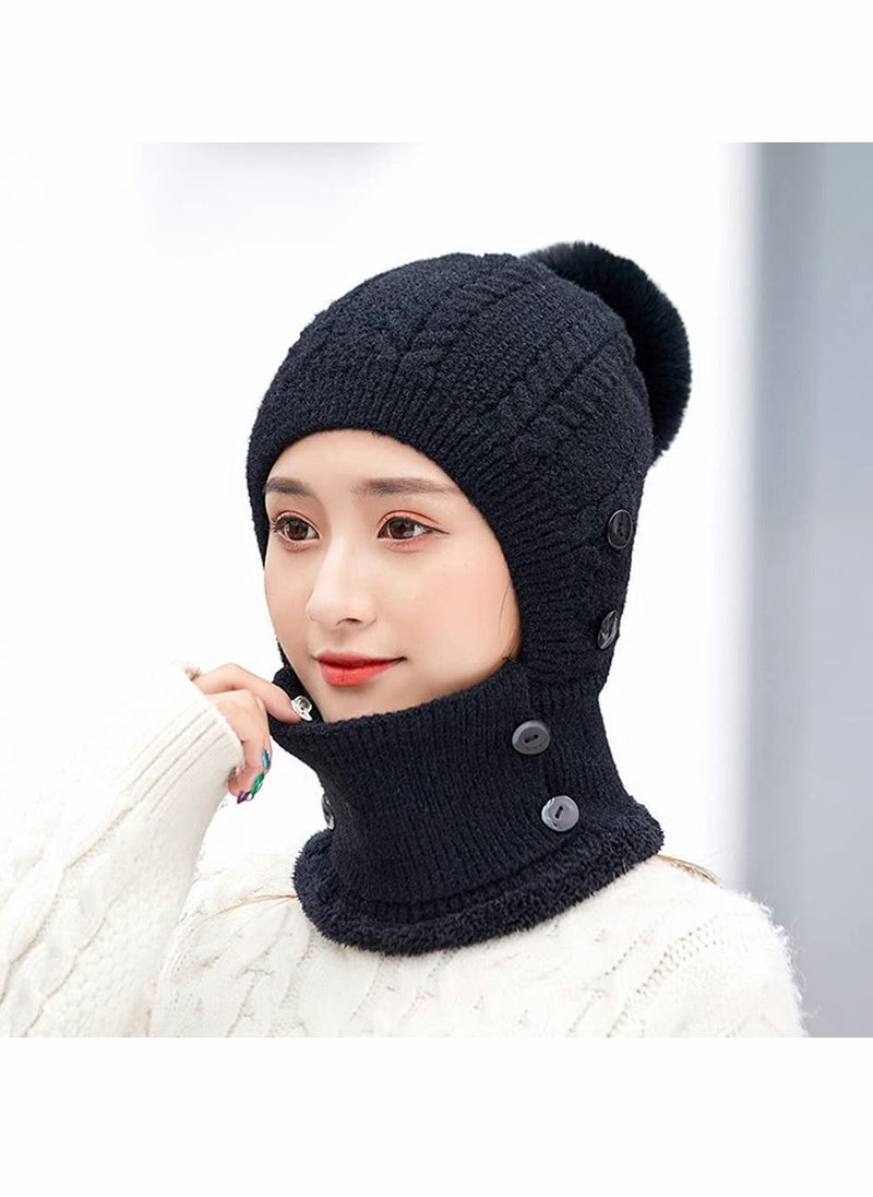 Slouchy Beanie for Men/Women Knit Hat, Baggy Cap Winter Knit Hat Fleece Lined Beanie Winter Scarf Mask Set for Women, Girls Warm Hat Earmuffs Cap with Pom