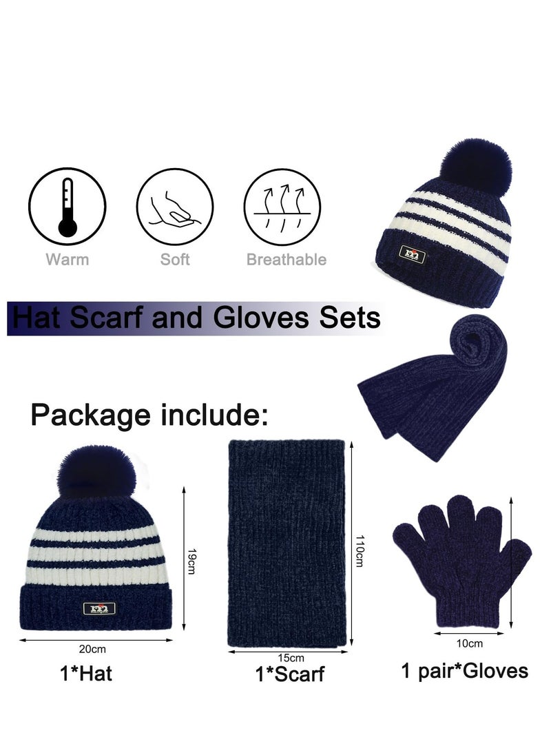 3Pcs Kids Winter Beanie Hat Scarf Gloves Set for 2-8 Years Old Boys Girls, Accessories Sets Children Outdoor Sports, Knit Thick Warm Fleece Lined Thermal Sets, Black