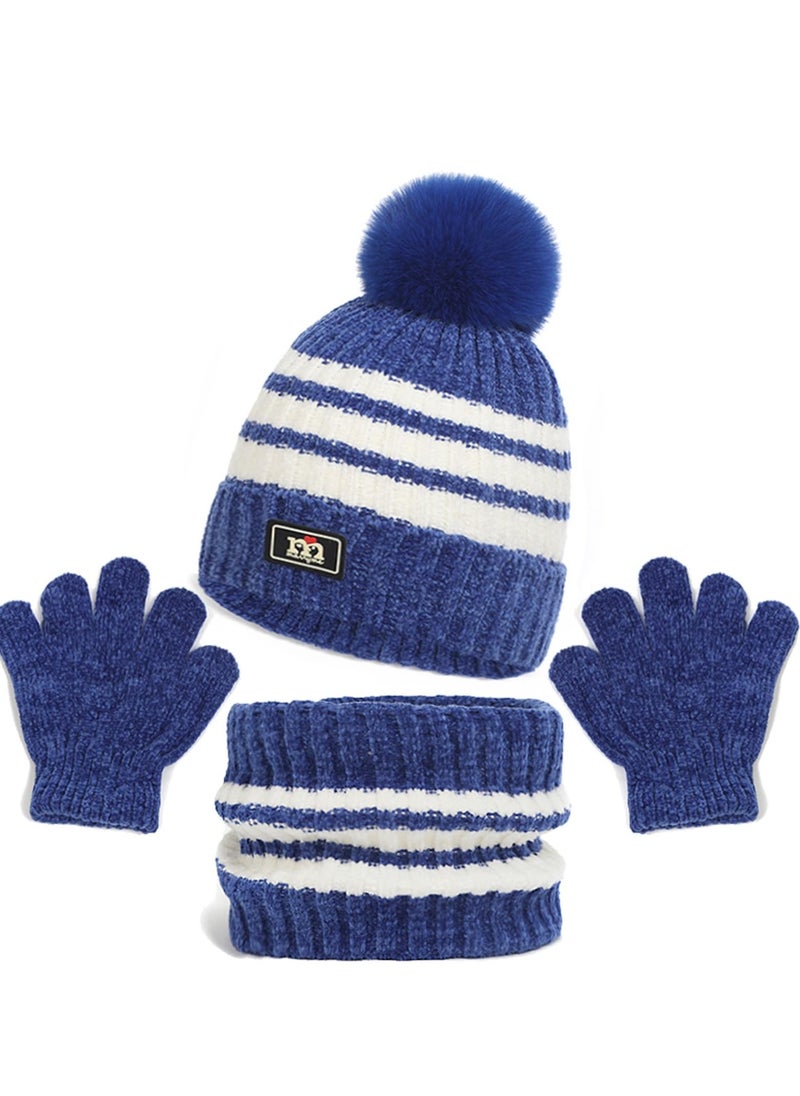 3Pcs Kids Hat Scarf Gloves Set, Fleece Lined Stripe Beanie Hat, Knit Thermal Neck Warmer and Sets for Age 2-8, Winter Children Warm Accessories Outdoor, Blue