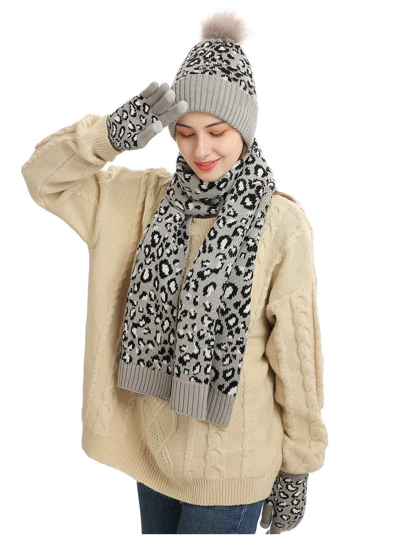 Leopard Print Winter Knit Set - Stylish & Warm Bobble Hat, Scarf, Gloves Combo for Women and Girls - Touchscreen Compatible, Ideal for Outdoor Activities