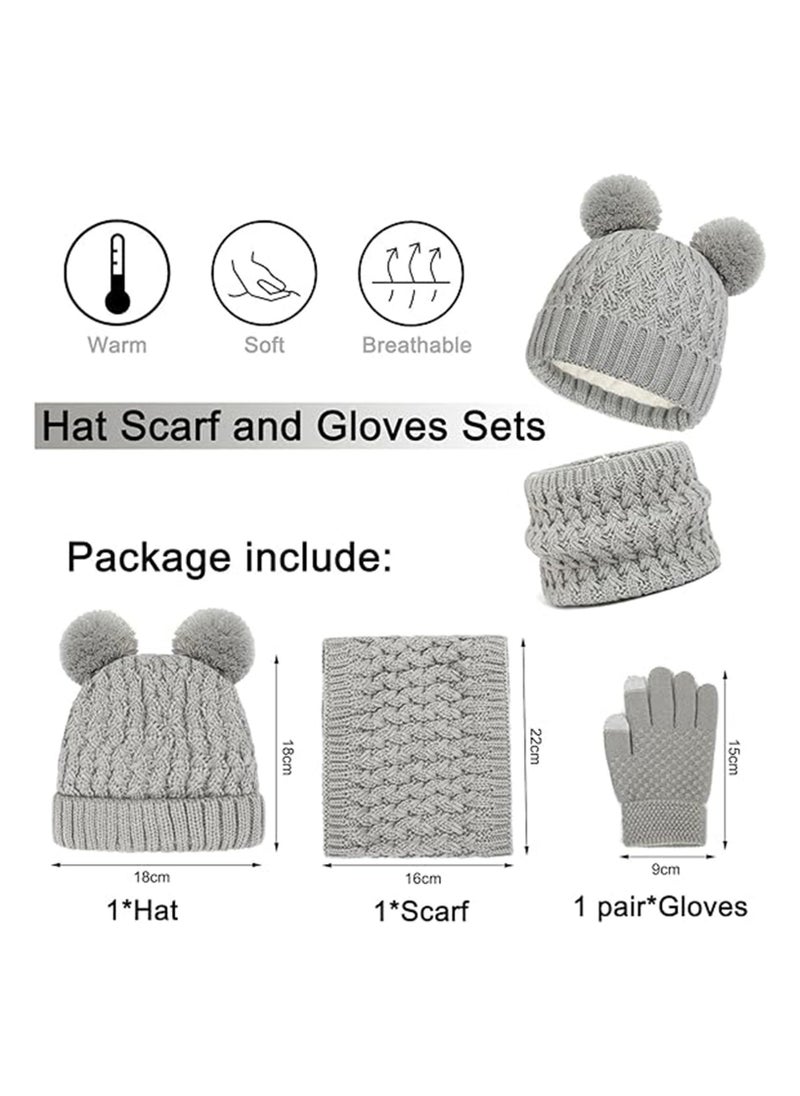 Kids Winter Beanie Hat Scarf and Touchscreen Gloves Set, Fleece Lining Beanie Hat Knit Gloves Neck Warmer for Children 2-8, Grey