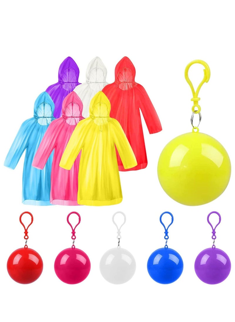 Disposable Emergency Rain Ponchos, Waterproof Raincoats Packaged in Keychain Balls with Hooks, Colorful Portable Adult Rainwear for Camping, Cycling Outdoor Activities 6 Pieces