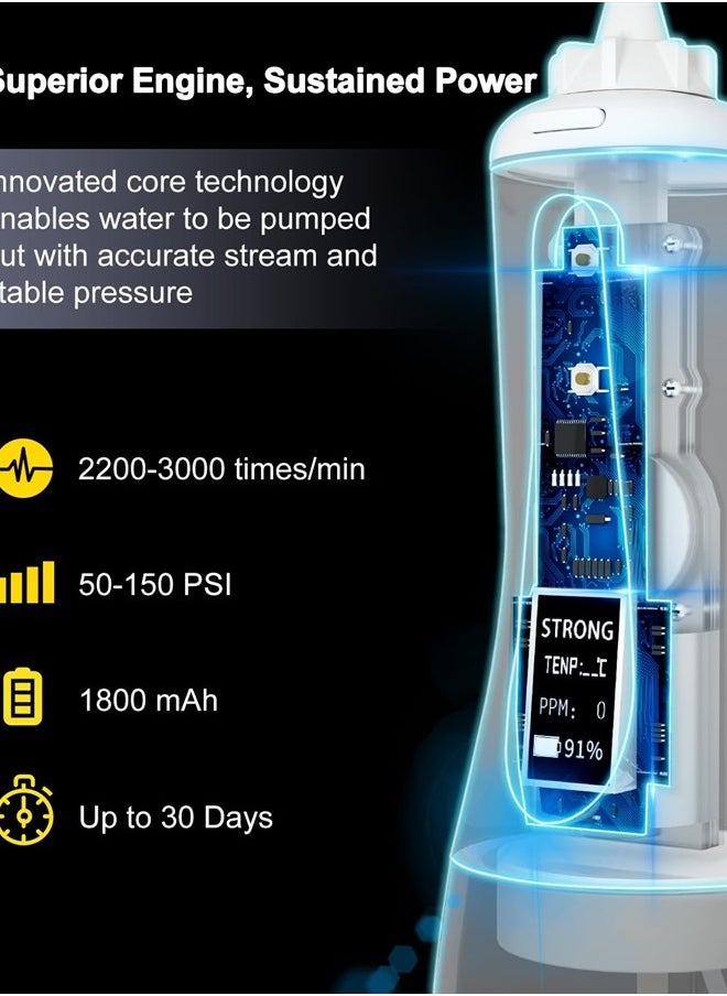 Powerful Cordless 350ML Water Dental Flosser Portable OLED Display Oral Irrigator with 5 Pressure Modes 8 Replaceable Jet Tips and Storage Bag for Home Travel Use (White)