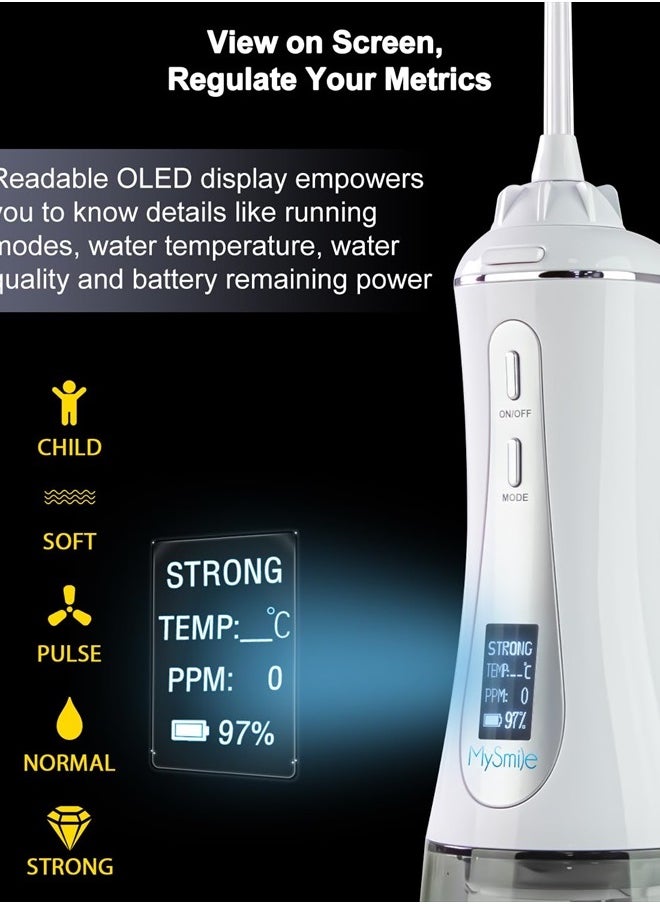 Powerful Cordless 350ML Water Dental Flosser Portable OLED Display Oral Irrigator with 5 Pressure Modes 8 Replaceable Jet Tips and Storage Bag for Home Travel Use (White)