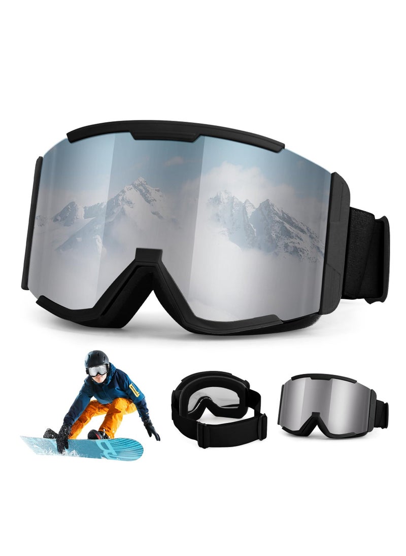 Ski Goggles, Wide Vision OTG Clear Ski Goggles, Anti-Fog 100% UV Protection Snowboard Goggles, Ski Snowboard Goggles for Men Women & Youth