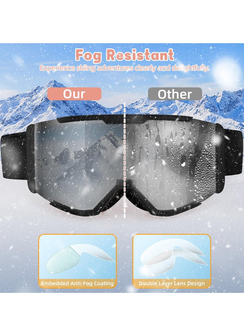 Ski Goggles, Wide Vision OTG Clear Ski Goggles, Anti-Fog 100% UV Protection Snowboard Goggles, Ski Snowboard Goggles for Men Women & Youth