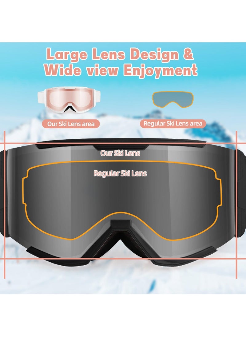 Ski Goggles, Wide Vision OTG Clear Ski Goggles, Anti-Fog 100% UV Protection Snowboard Goggles, Ski Snowboard Goggles for Men Women & Youth