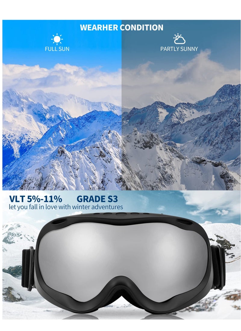 Sports Ski Goggles, Snowboard Anti-Fog Mirrored Snow Goggles OTG UV Protection Foam Anti-Scratch Dustproof for Women Men Youth