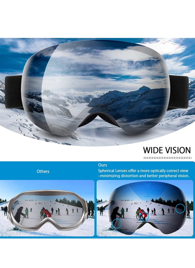 Ski Goggles Snowboard Glasses, OTG Framless Anti-Fog Spherical Interchangeable Lens 100% UV 400 Protection, Foam Anti-Scratch Dustproof for Men Women Youth Adult