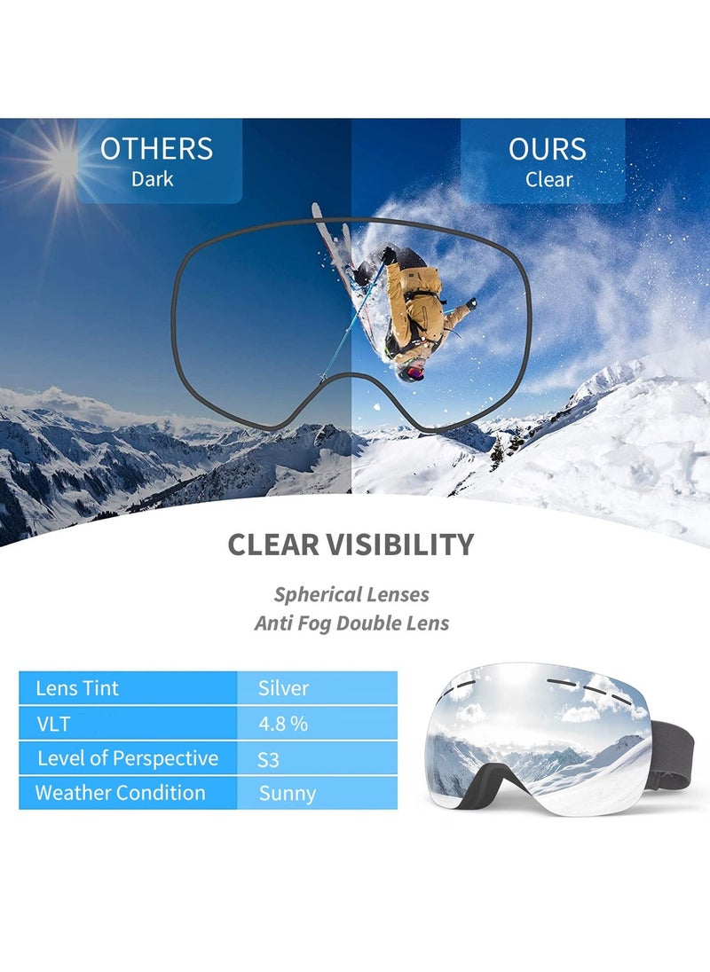 Ski Goggles Snowboard Glasses, OTG Framless Anti-Fog Spherical Interchangeable Lens 100% UV 400 Protection, Foam Anti-Scratch Dustproof for Men Women Youth Adult