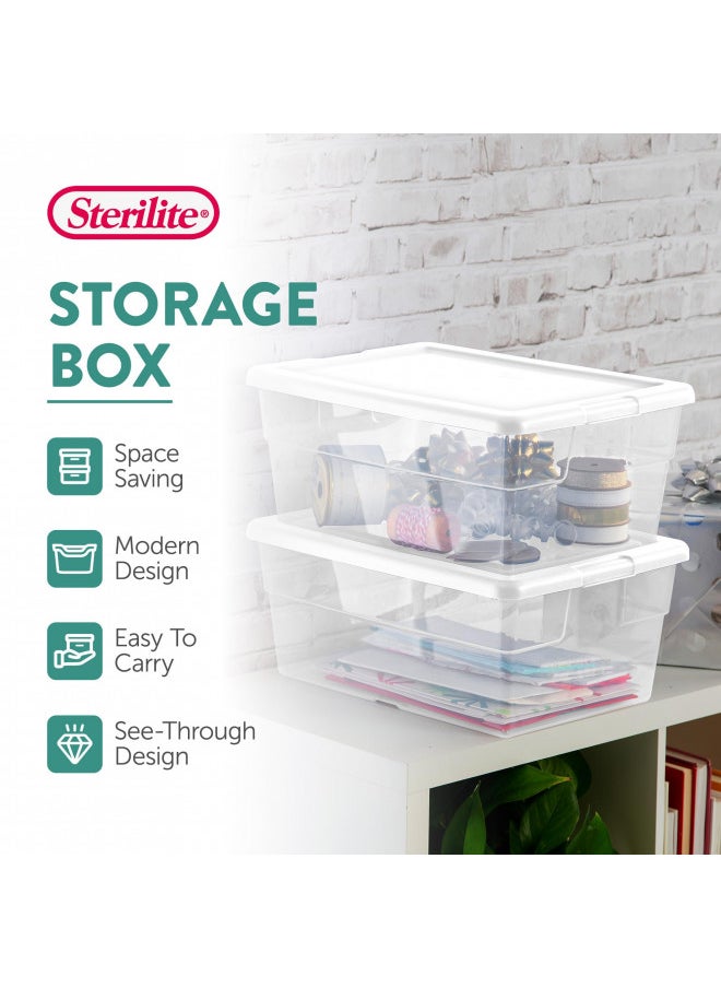 Sterilite 16 Qt Storage Box, Stackable Bin with Lid, Organize Shoes, Crafts in Home Closet, Office, School, Clear with White Lid, 12-pack