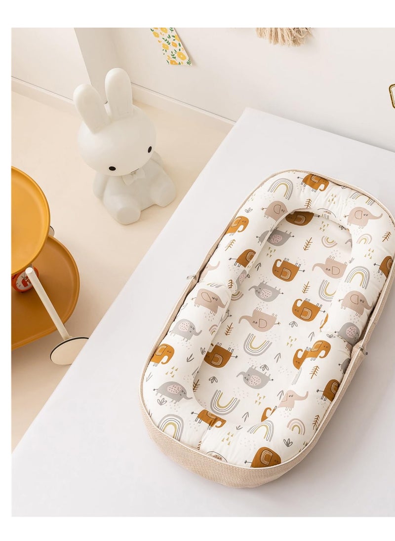 Baby Lounger, Foldable Infant Nest Pillow with Soft Memory Foam Mat, Cover with Adorable Pattern, Converts to Backpack for Easy Travel, 0-12 Months, White