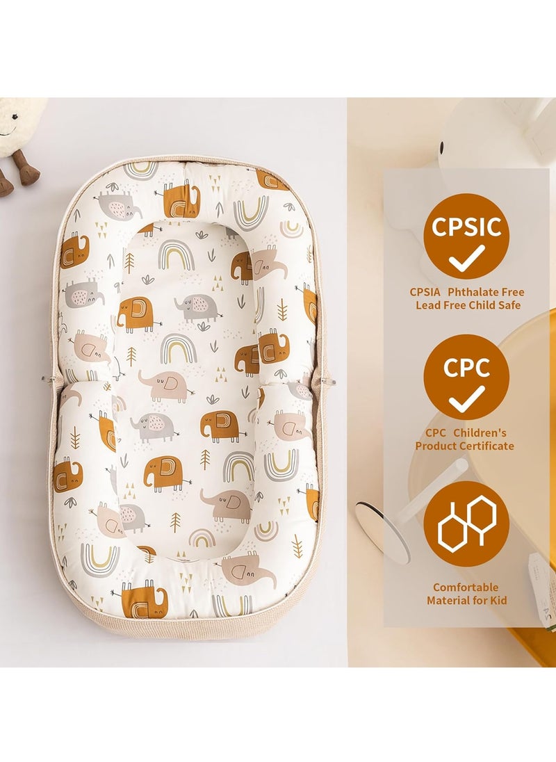 Baby Lounger, Foldable Infant Nest Pillow with Soft Memory Foam Mat, Cover with Adorable Pattern, Converts to Backpack for Easy Travel, 0-12 Months, White