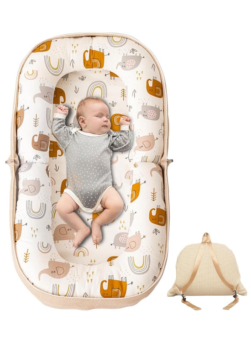 Baby Lounger, Foldable Infant Nest Pillow with Soft Memory Foam Mat, Cover with Adorable Pattern, Converts to Backpack for Easy Travel, 0-12 Months, White