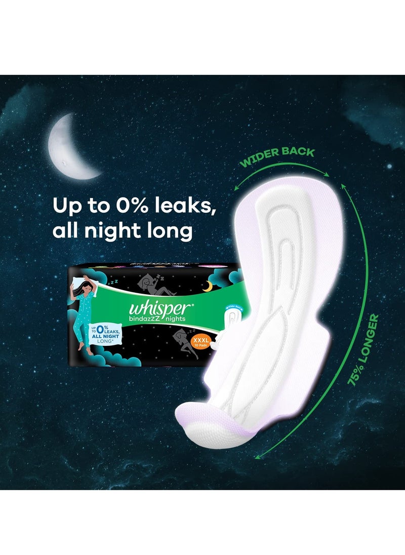 SANITARY PADS, 10 XXXL PADS, UPTO 0% LEAKS ALL NIGHT LONG, FOR HEAVY FLOW, 75% LONGER & WIDER BACK, COMFORTABLE CUSHIONY SOFT WINGS, DISPOSABLE WRAPPER