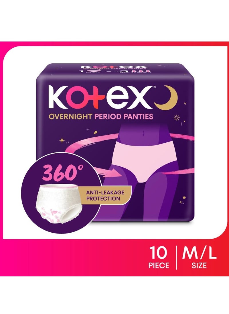 Kotex Overnight Period Panties (Medium/Large size, pack of 10 panties) for heavy flow period protection | with 360 degree anti-leakage design & airy-soft fabric | 1 panty = 3 regular pads