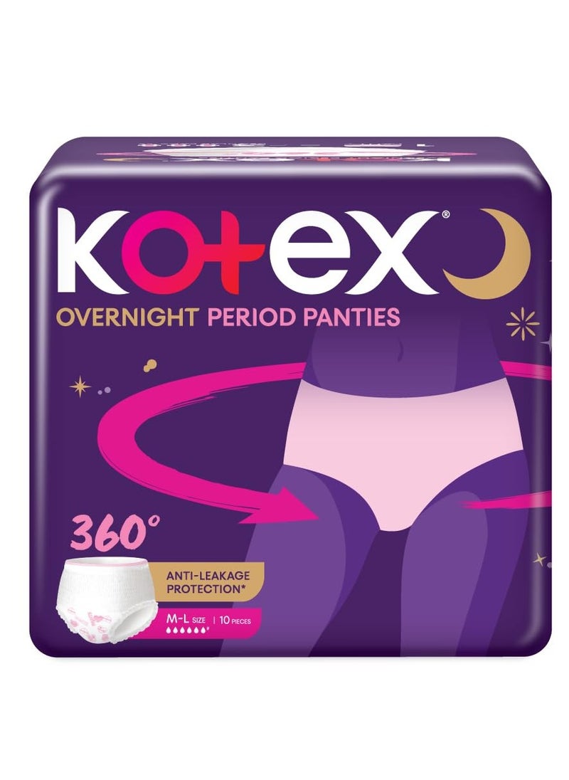 Kotex Overnight Period Panties (Medium/Large size, pack of 10 panties) for heavy flow period protection | with 360 degree anti-leakage design & airy-soft fabric | 1 panty = 3 regular pads