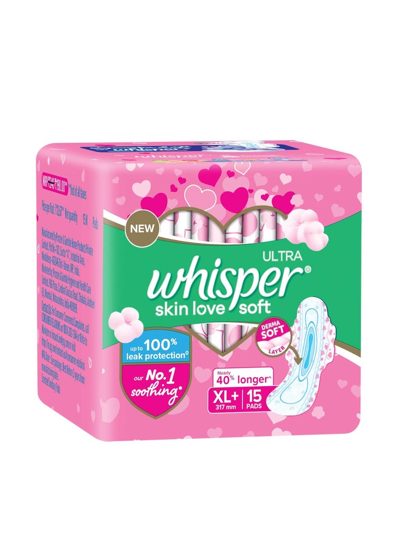 WHISPER ULTRA SKIN LOVE SOFT SANITARY PADS, 15 XL+ PADS, COTTONY SOFT, OUR #1 SOFTNESS, IRRITATION FREE, FOR INTIMATE SKIN, DISPOSABLE WRAPPER