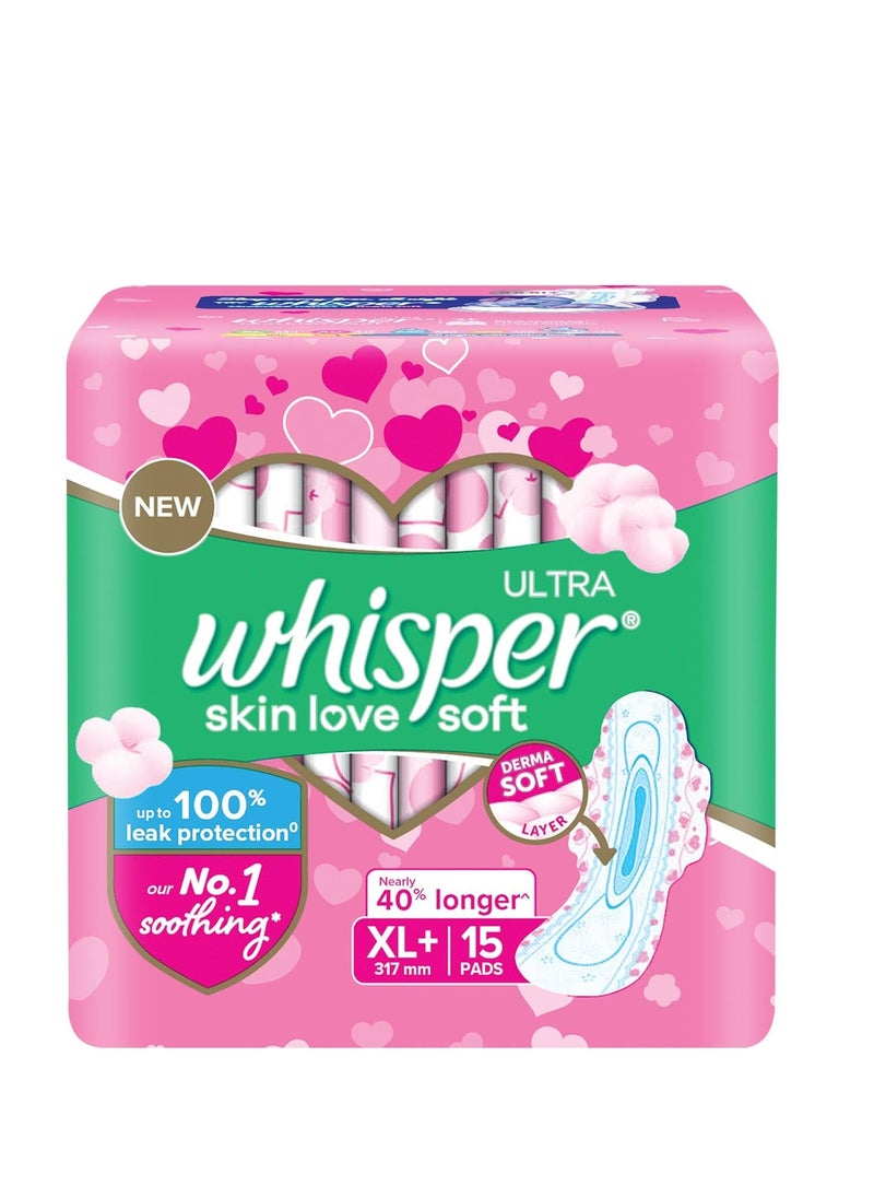 WHISPER ULTRA SKIN LOVE SOFT SANITARY PADS, 15 XL+ PADS, COTTONY SOFT, OUR #1 SOFTNESS, IRRITATION FREE, FOR INTIMATE SKIN, DISPOSABLE WRAPPER