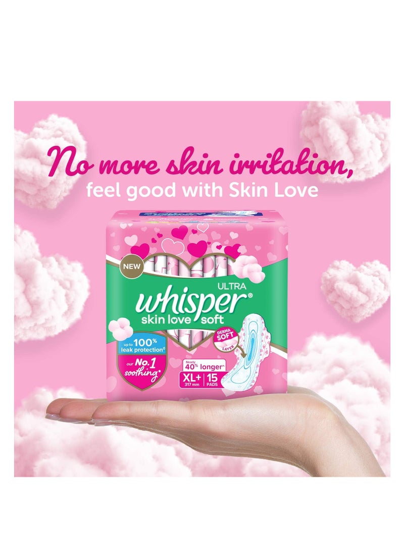 WHISPER ULTRA SKIN LOVE SOFT SANITARY PADS, 15 XL+ PADS, COTTONY SOFT, OUR #1 SOFTNESS, IRRITATION FREE, FOR INTIMATE SKIN, DISPOSABLE WRAPPER