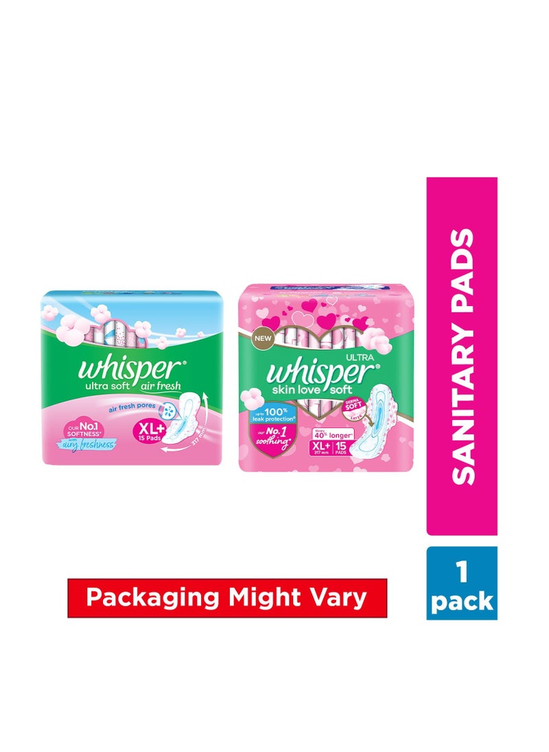 WHISPER ULTRA SKIN LOVE SOFT SANITARY PADS, 15 XL+ PADS, COTTONY SOFT, OUR #1 SOFTNESS, IRRITATION FREE, FOR INTIMATE SKIN, DISPOSABLE WRAPPER