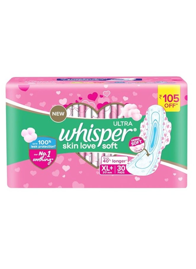 whisper ultra skin love SOFT SANITARY PADS, 30 XL+ PADS, COTTONY SOFT, OUR #1 SOFTNESS, IRRITATION FREE, FOR INTIMATE SKIN, DISPOSABLE WRAPPER