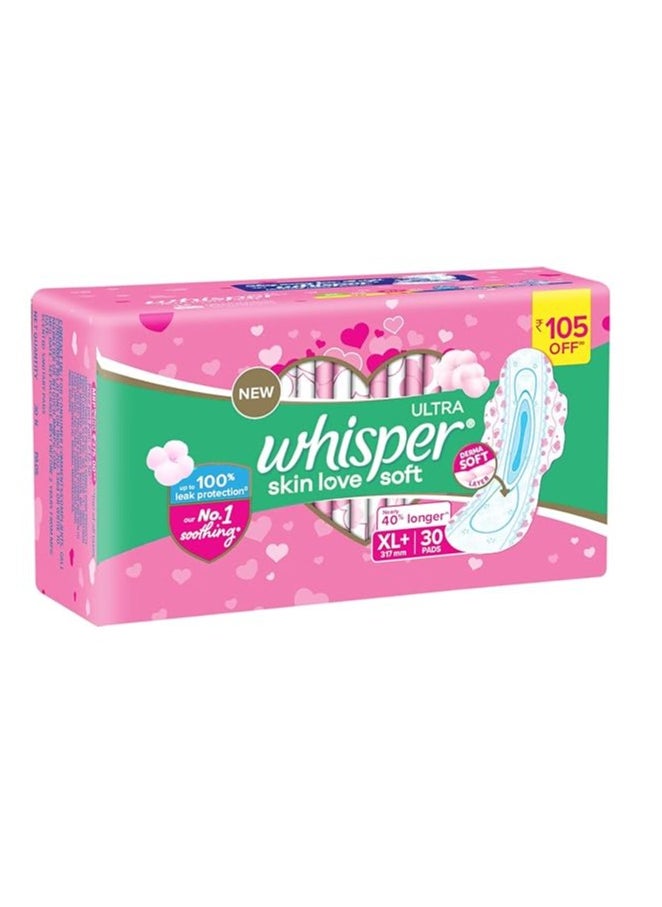 whisper ultra skin love SOFT SANITARY PADS, 30 XL+ PADS, COTTONY SOFT, OUR #1 SOFTNESS, IRRITATION FREE, FOR INTIMATE SKIN, DISPOSABLE WRAPPER