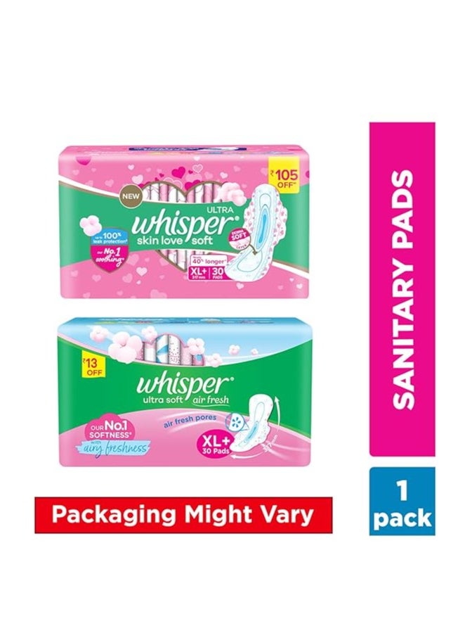 whisper ultra skin love SOFT SANITARY PADS, 30 XL+ PADS, COTTONY SOFT, OUR #1 SOFTNESS, IRRITATION FREE, FOR INTIMATE SKIN, DISPOSABLE WRAPPER