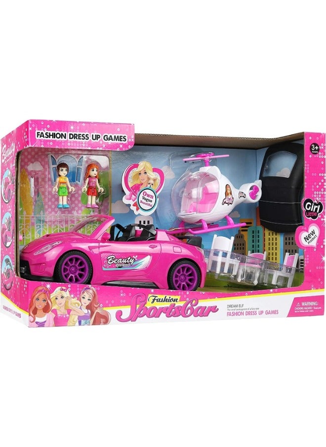 Ultimate Doll Adventure Set – Fashion Sport Car & Helicopter Camper Playset with Lights, Sounds, 2 Figurines, Dining Table & Accessories | Perfect Gift for Girls