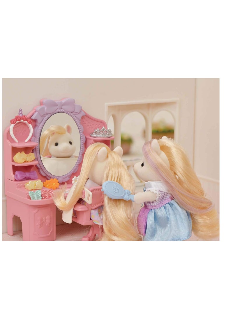 Pony's Hair Salon Playset |Two-Story Salon with Hair Styling Accessories, Dresser, Shampoo Basin, and More | Includes Pony Girl Figure | Ages 3 & Up