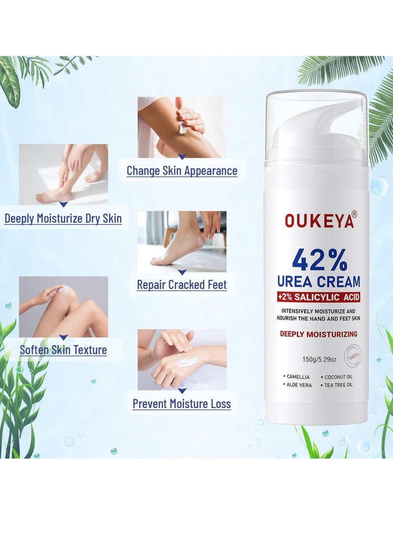 150g 42% Urea Cream with Salicylic Acid Cream for Cracked Feet Hands Callus Remover Hand Cream Foot Cream for Cracked Foot Heels Elbows Nails Knees Skin Moisturizer Urea Lotion with Maximum Strength