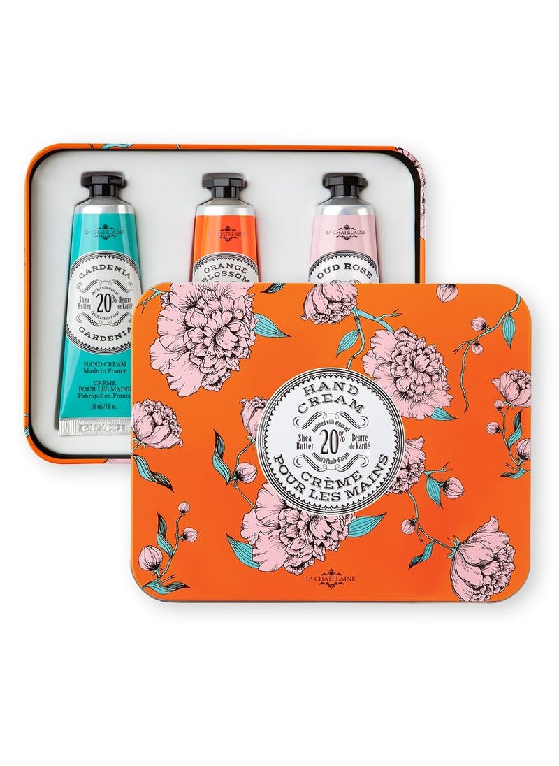 La Chatelaine Hand Cream Tin, Christmas Gifts for Women Teens, Stocking Stuffers for Adults,Teacher Appreciation Gifts, Hand Lotion, Made in France, (Gardenia, Orange Blossom, Oud Rose) 3 x 1 fl. Oz