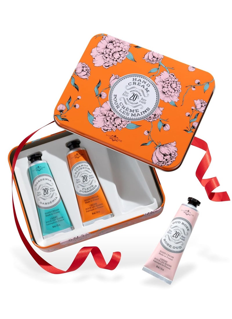 La Chatelaine Hand Cream Tin, Christmas Gifts for Women Teens, Stocking Stuffers for Adults,Teacher Appreciation Gifts, Hand Lotion, Made in France, (Gardenia, Orange Blossom, Oud Rose) 3 x 1 fl. Oz