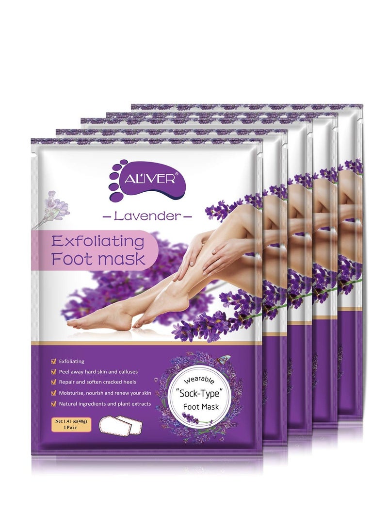 Foot Peel Mask - 5 Pack, Exfoliating Foot Care Mask Make Feet Baby Soft Skin, Foot Mask for Dry Cracked Feet, Peeling Away Dead Skin, Calluses - Lavender