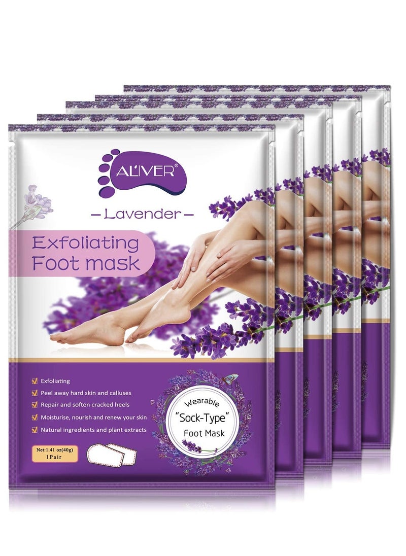 ALIVER 5 Packs Foot Peeling Mask,Exfoliating Callus Peel Booties,Peeling Off Calluses & Dead Skin, Baby Your Foot Naturally in 1 Week (Lavender)