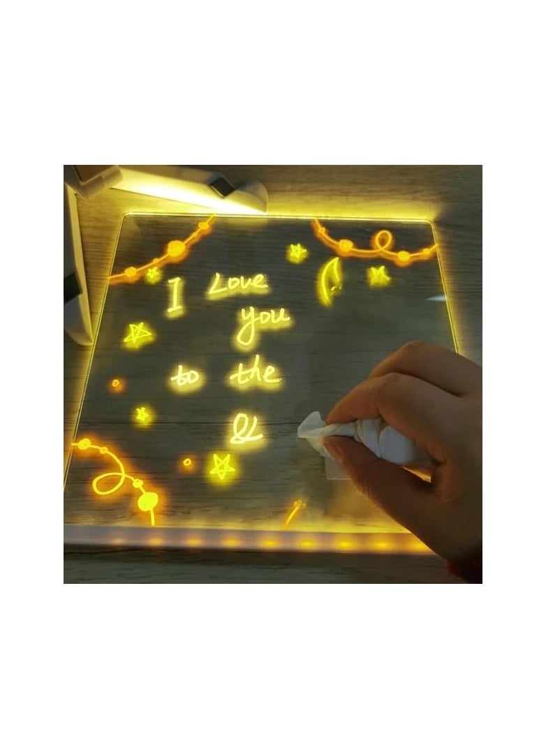 LED Note Board with Colors, Acrylic Dry Erase Board with Light, Light up Dry Erase Board with Stand as a Glow Memo, LED Letter Message Board Note Glass Led Board White Board(15CM X 15CM)(with 7 Pens)