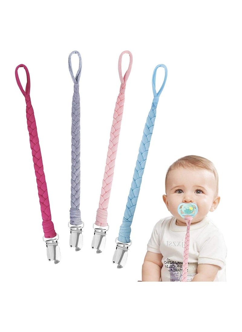 4 Pack Baby Dummy Clip Pacifier Strap Holder Multicoloured Soother Chain with Washable Leash for Unisex Newborn Braided and Cotton Style