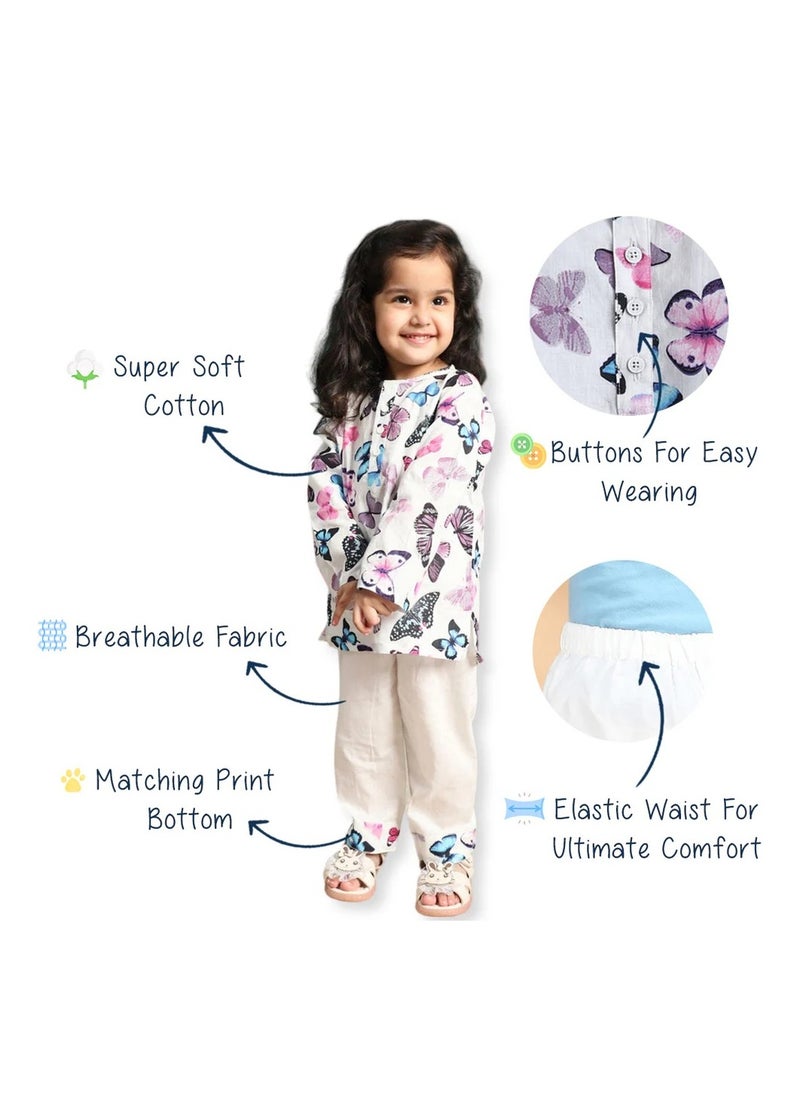 Polka Tots Full Sleeves Night Wear Butterfly Kurta Pyjama - White