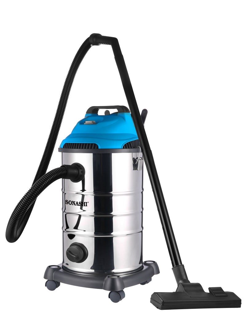 30L Wet & Dry Vacuum Cleaner - Multi Stage Filtration |  Strong Suction with Blow Function | Low Noise with Overheat Protection | Vacuum for Home/Office Use 30 L 1600 W SVC-9030D Silver